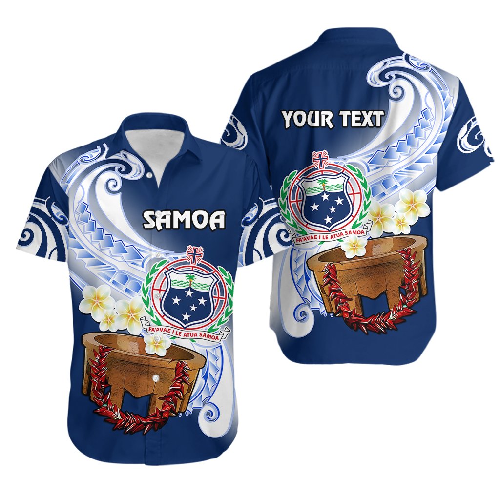 Custom Personalised Samoa Hawaiian Shirt Ula Fala Kava Bowl Plumeria Polynesian Blue