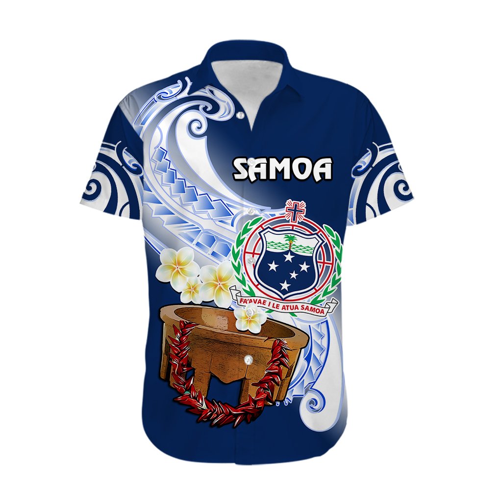 Custom Personalised Samoa Hawaiian Shirt Ula Fala Kava Bowl Plumeria Polynesian Blue