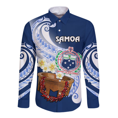 (Custom Personalised) Samoa Long Sleeve Button Shirt Ula Fala Kava Bowl Plumeria Polynesian Blue