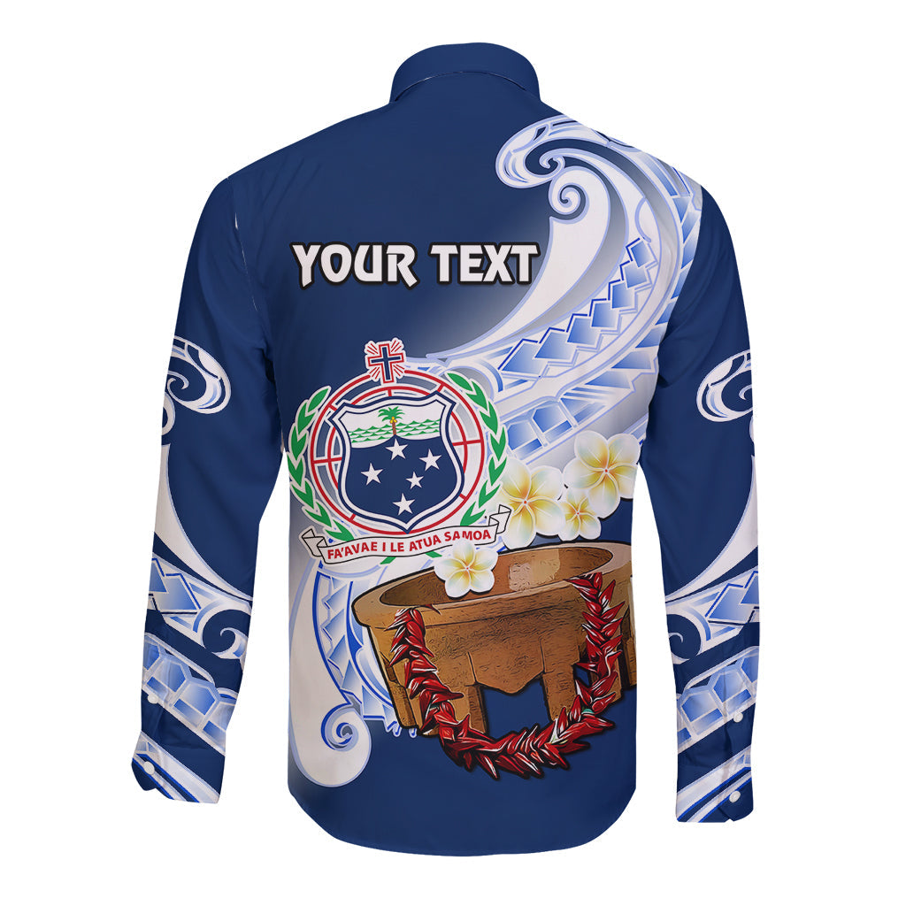 (Custom Personalised) Samoa Long Sleeve Button Shirt Ula Fala Kava Bowl Plumeria Polynesian Blue