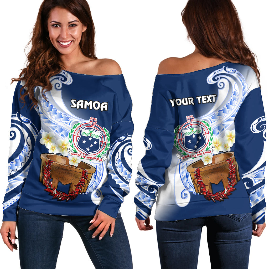 (Custom Personalised) Samoa Off Shoulder Sweater Ula Fala Kava Bowl Plumeria Polynesian Blue
