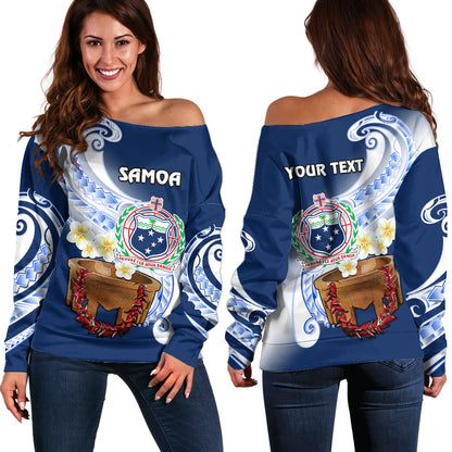 (Custom Personalised) Samoa Off Shoulder Sweater Ula Fala Kava Bowl Plumeria Polynesian Blue