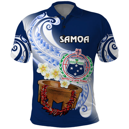 Custom Personalised Samoa Polo Shirt Ula Fala Kava Bowl Plumeria Polynesian Blue