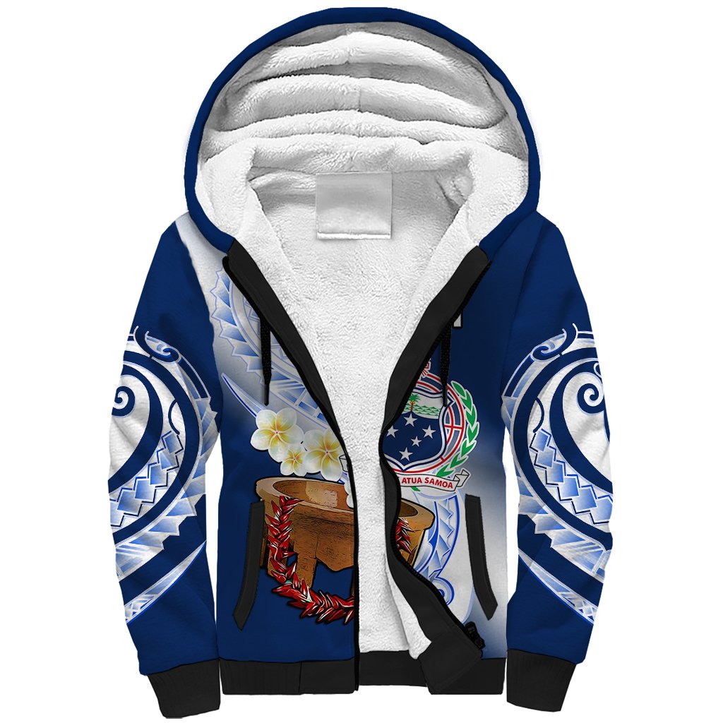 (Custom Personalised) Samoa Sherpa Hoodie Ula Fala Kava Bowl Plumeria Polynesian Blue