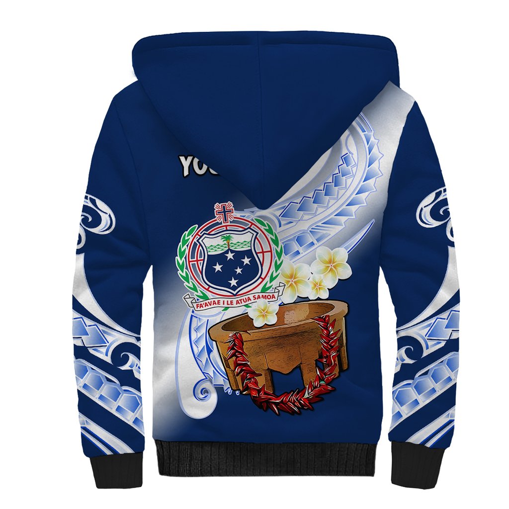 (Custom Personalised) Samoa Sherpa Hoodie Ula Fala Kava Bowl Plumeria Polynesian Blue