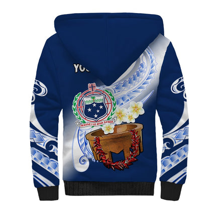 (Custom Personalised) Samoa Sherpa Hoodie Ula Fala Kava Bowl Plumeria Polynesian Blue