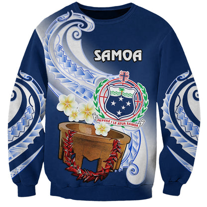 Custom Personalised Samoa Sweatshirt Ula Fala Kava Bowl Plumeria Polynesian Blue