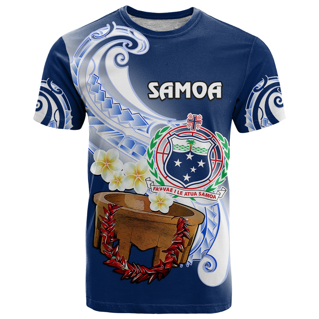 Custom Personalised Samoa T Shirt Ula Fala Kava Bowl Plumeria Polynesian Blue