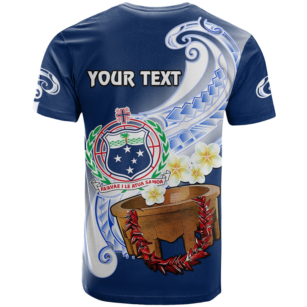 Custom Personalised Samoa T Shirt Ula Fala Kava Bowl Plumeria Polynesian Blue