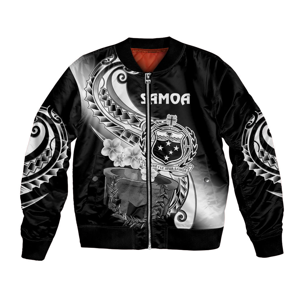 (Custom Personalised) Samoa Bomber Jacket Ula Fala Kava Bowl Plumeria Polynesian Black