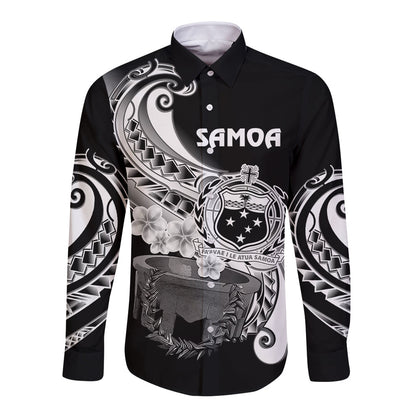 (Custom Personalised) Samoa Long Sleeve Button Shirt Ula Fala Kava Bowl Plumeria Polynesian Black