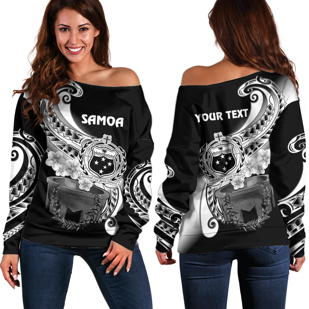 (Custom Personalised) Samoa Off Shoulder Sweater Ula Fala Kava Bowl Plumeria Polynesian Black