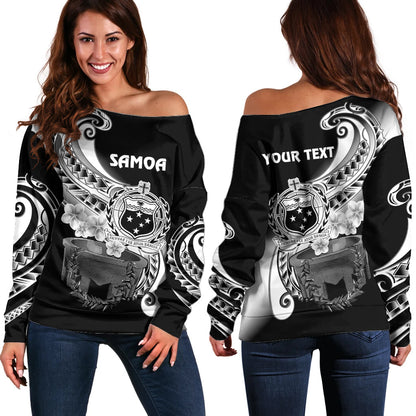 (Custom Personalised) Samoa Off Shoulder Sweater Ula Fala Kava Bowl Plumeria Polynesian Black