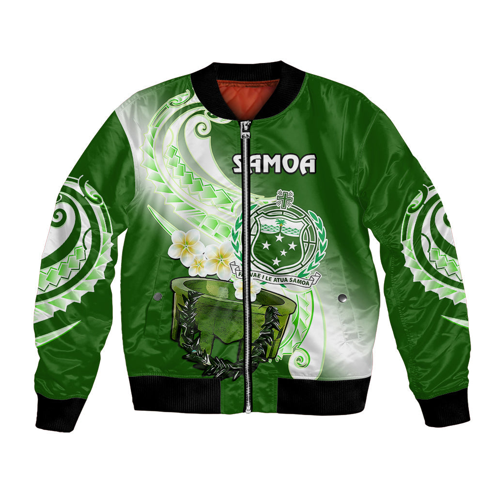(Custom Personalised) Samoa Bomber Jacket Ula Fala Kava Bowl Plumeria Polynesian Green