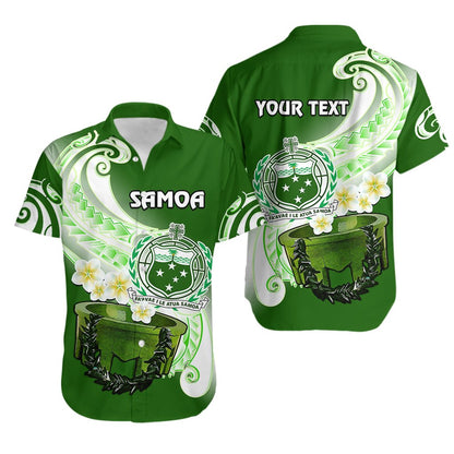 Custom Personalised Samoa Hawaiian Shirt Ula Fala Kava Bowl Plumeria Polynesian Green