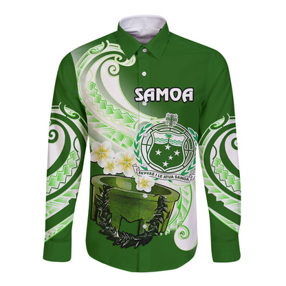 (Custom Personalised) Samoa Long Sleeve Button Shirt Ula Fala Kava Bowl Plumeria Polynesian Green