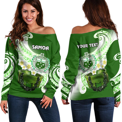 (Custom Personalised) Samoa Off Shoulder Sweater Ula Fala Kava Bowl Plumeria Polynesian Green