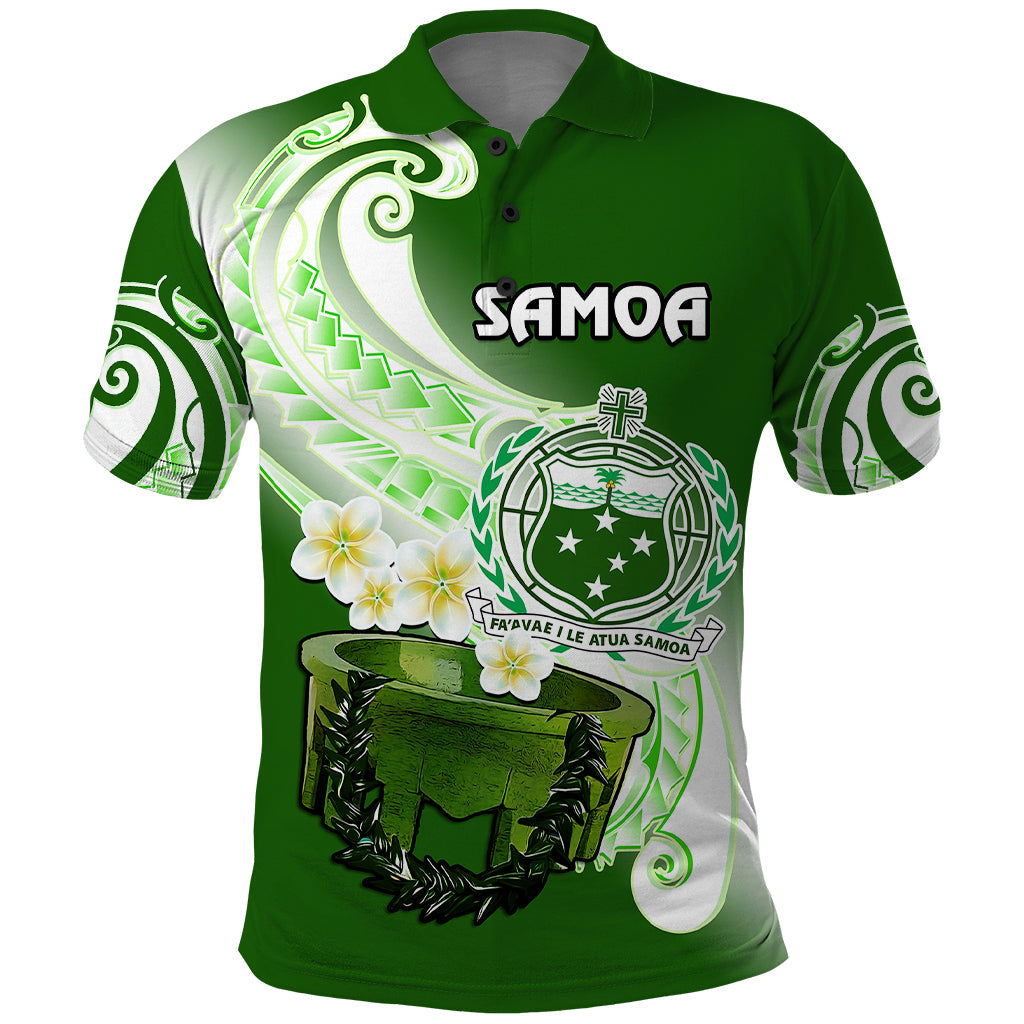 Custom Personalised Samoa Polo Shirt Ula Fala Kava Bowl Plumeria Polynesian Green