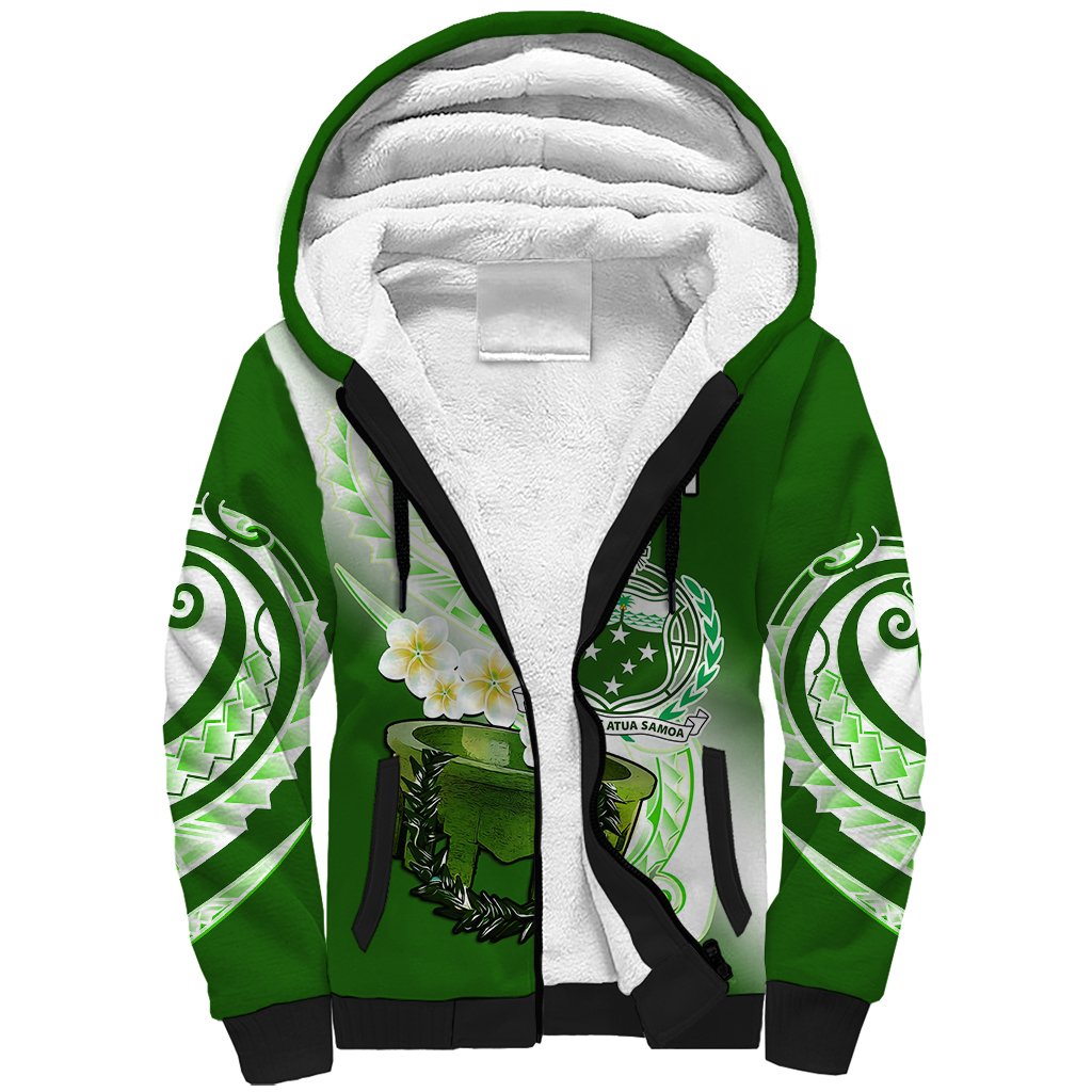 (Custom Personalised) Samoa Sherpa Hoodie Ula Fala Kava Bowl Plumeria Polynesian Green