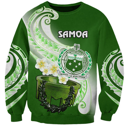 Custom Personalised Samoa Sweatshirt Ula Fala Kava Bowl Plumeria Polynesian Green