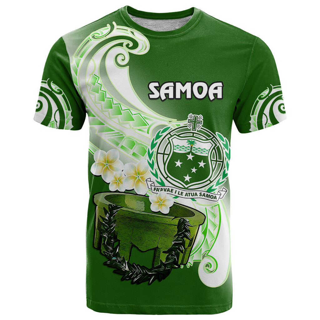 Custom Personalised Samoa T Shirt Ula Fala Kava Bowl Plumeria Polynesian Green