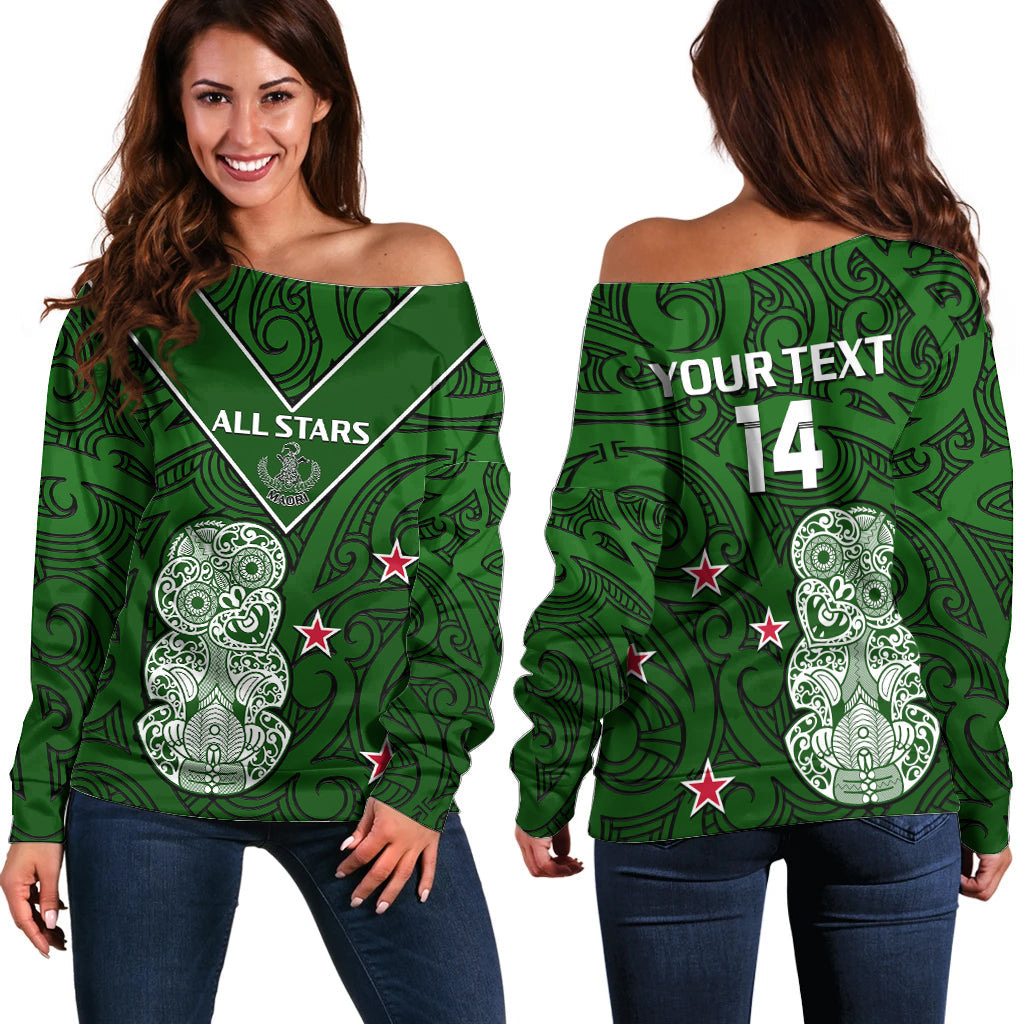 (Custom Text And Number) Aotearoa Rugby Off Shoulder Sweater All Stars New Zealand Tiki Maori