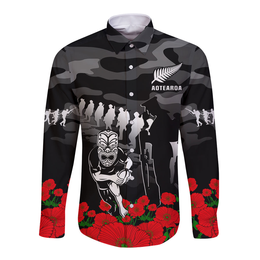 New Zealand ANZAC Rugby Long Sleeve Button Shirt Silver Fern All Black Camouflage Mix Poppy