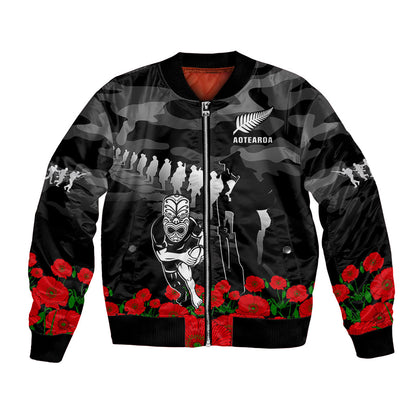 (Custom Text And Number) New Zealand ANZAC Rugby Bomber Jacket Silver Fern All Black Camouflage Mix Poppy