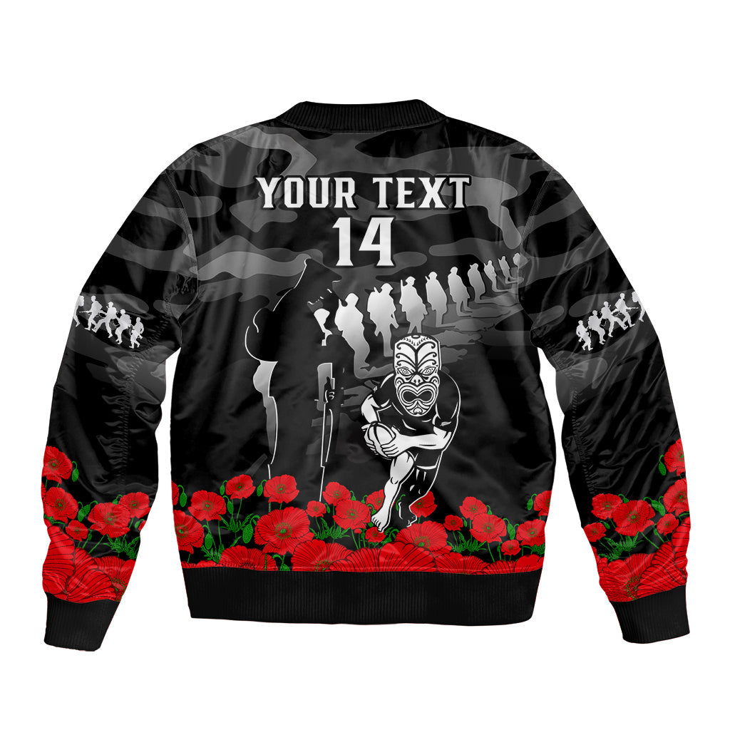 (Custom Text And Number) New Zealand ANZAC Rugby Bomber Jacket Silver Fern All Black Camouflage Mix Poppy