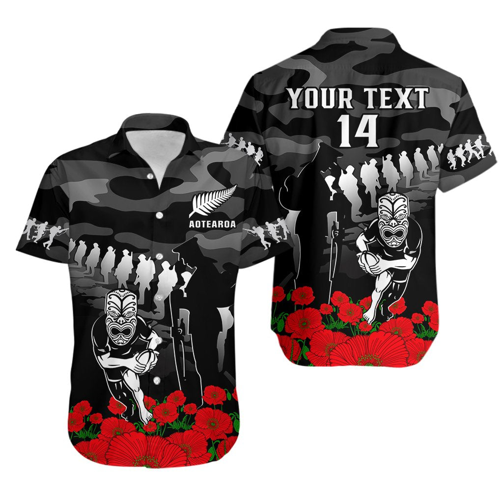 Custom Text And Number New Zealand ANZAC Rugby Hawaiian Shirt Silver Fern All Black Camouflage Mix Poppy