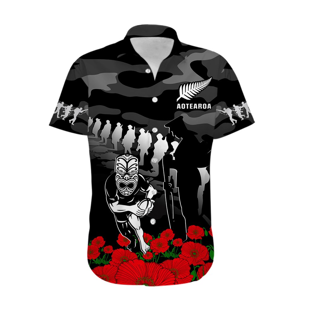 Custom Text And Number New Zealand ANZAC Rugby Hawaiian Shirt Silver Fern All Black Camouflage Mix Poppy