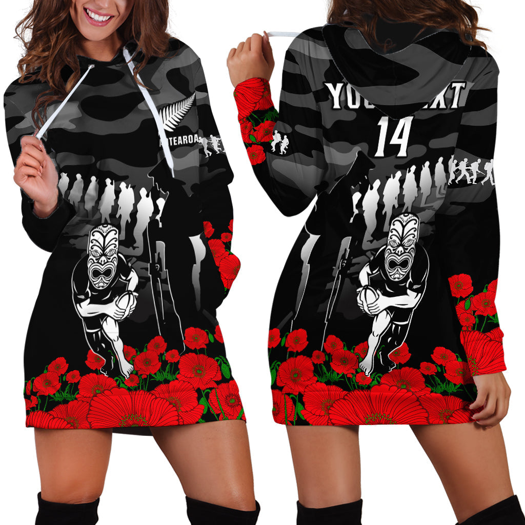 Custom Text And Number New Zealand ANZAC Rugby Hoodie Dress Silver Fern All Black Camouflage Mix Poppy
