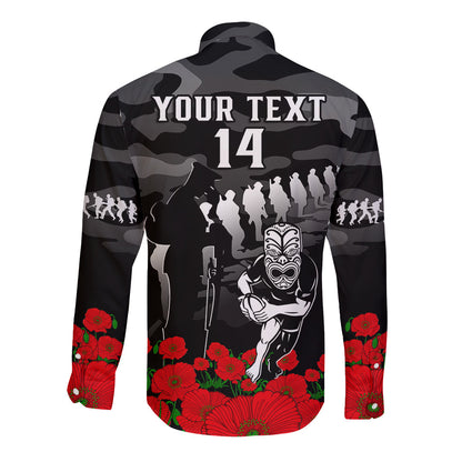 (Custom Text And Number) New Zealand ANZAC Rugby Long Sleeve Button Shirt Silver Fern All Black Camouflage Mix Poppy