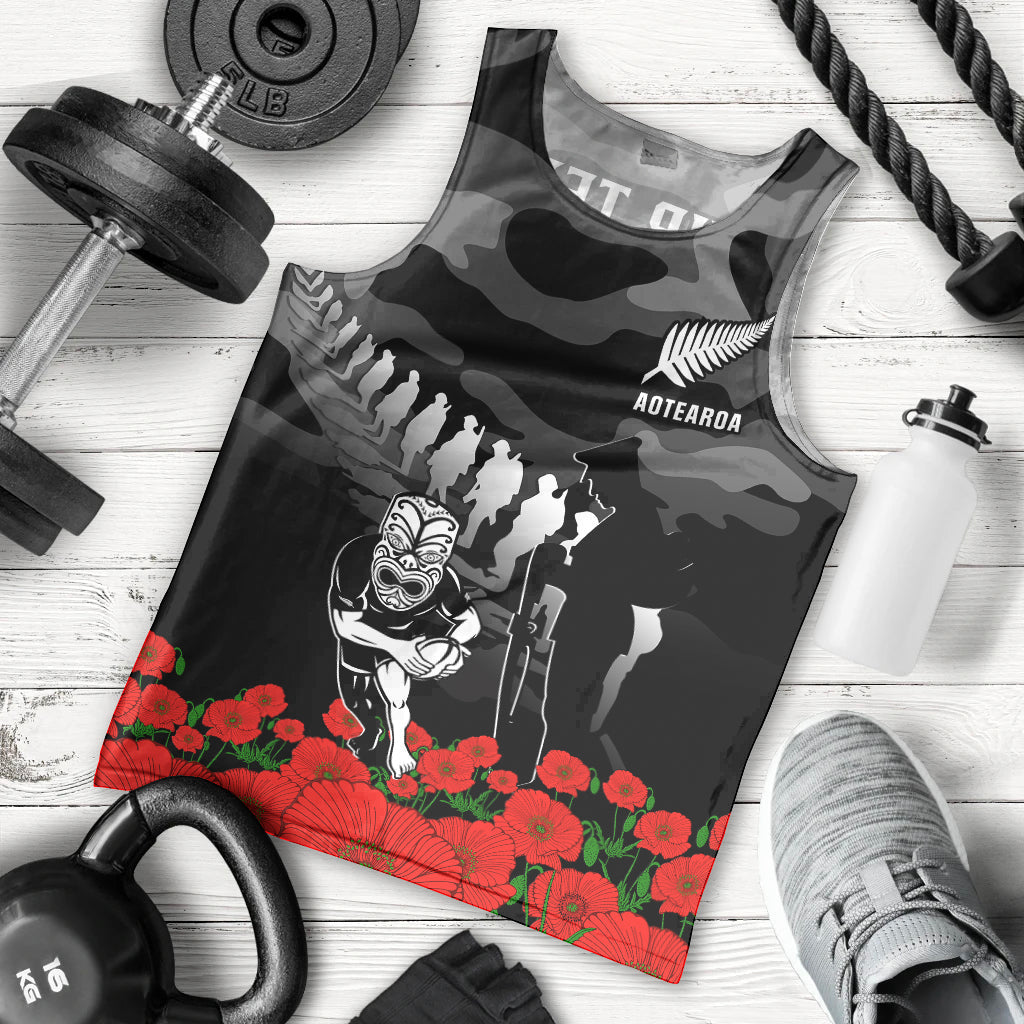 Custom Text And Number New Zealand ANZAC Rugby Men Tank Top Silver Fern All Black Camouflage Mix Poppy