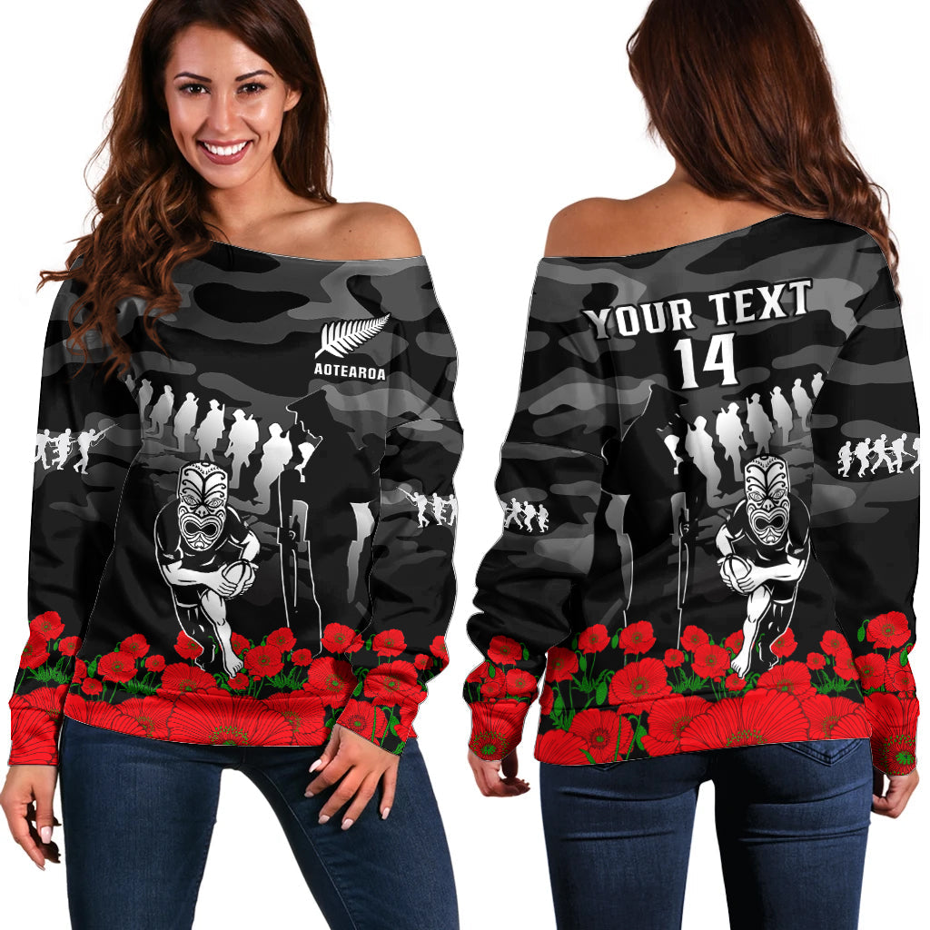 (Custom Text And Number) New Zealand ANZAC Rugby Off Shoulder Sweater Silver Fern All Black Camouflage Mix Poppy