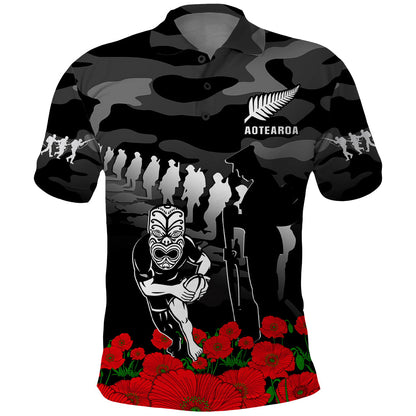 Custom Text And Number New Zealand ANZAC Rugby Polo Shirt Silver Fern All Black Camouflage Mix Poppy