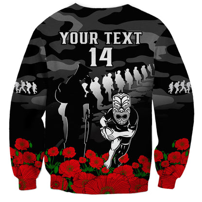 Custom Text And Number New Zealand ANZAC Rugby Sweatshirt Silver Fern All Black Camouflage Mix Poppy