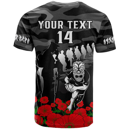 Custom Text And Number New Zealand Anzac Rugby T Shirt Silver Fern All Black Camouflage Mix Poppy
