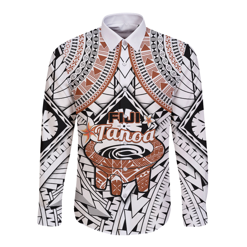 Fiji Tanoa Long Sleeve Button Shirt Kava Bowl Fijian Tapa Brown Pattern