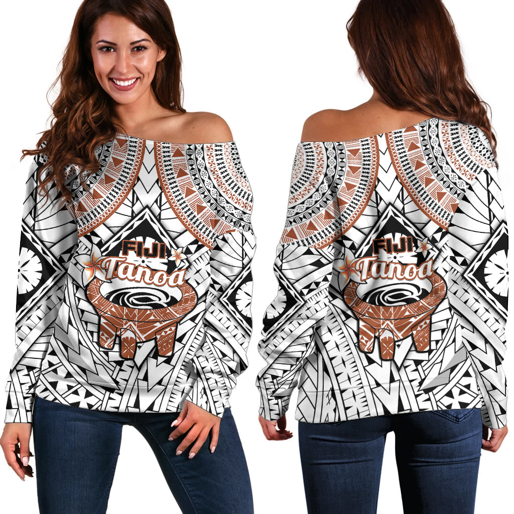Fiji Tanoa Off Shoulder Sweater Kava Bowl Fijian Tapa Brown Pattern