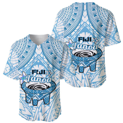 Fiji Tanoa Baseball Jersey Kava Bowl Fijian Tapa Blue Pattern