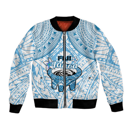 Fiji Tanoa Bomber Jacket Kava Bowl Fijian Tapa Blue Pattern