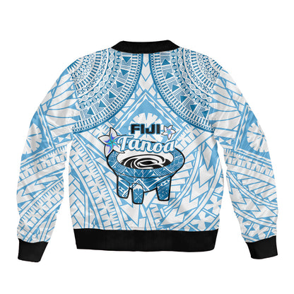 Fiji Tanoa Bomber Jacket Kava Bowl Fijian Tapa Blue Pattern