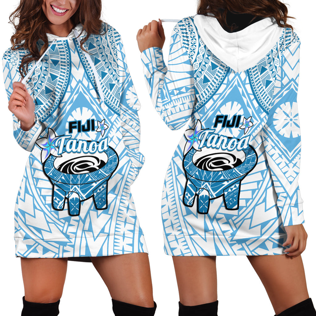 Fiji Tanoa Hoodie Dress Kava Bowl Fijian Tapa Blue Pattern