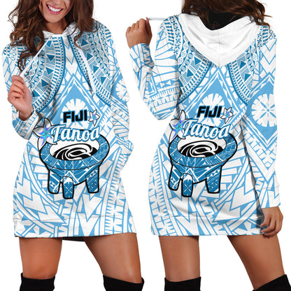 Fiji Tanoa Hoodie Dress Kava Bowl Fijian Tapa Blue Pattern