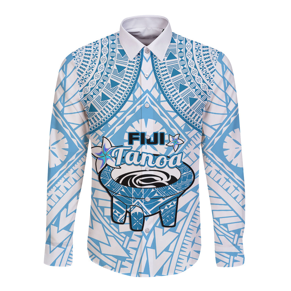 Fiji Tanoa Long Sleeve Button Shirt Kava Bowl Fijian Tapa Blue Pattern