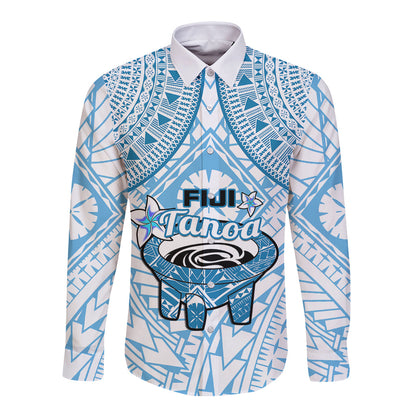 Fiji Tanoa Long Sleeve Button Shirt Kava Bowl Fijian Tapa Blue Pattern