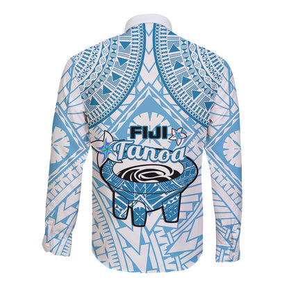 Fiji Tanoa Long Sleeve Button Shirt Kava Bowl Fijian Tapa Blue Pattern
