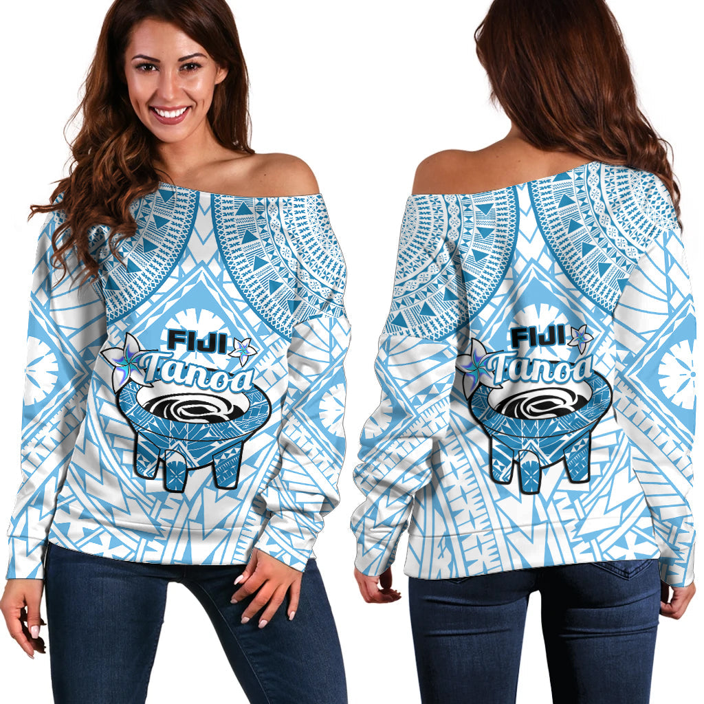Fiji Tanoa Off Shoulder Sweater Kava Bowl Fijian Tapa Blue Pattern