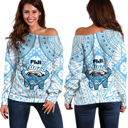 Fiji Tanoa Off Shoulder Sweater Kava Bowl Fijian Tapa Blue Pattern